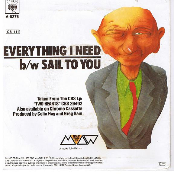 Men At Work - Everything I Need Vinyl Singles Vinyl Very Good (VG) <br> Hoes Good Plus (G+)