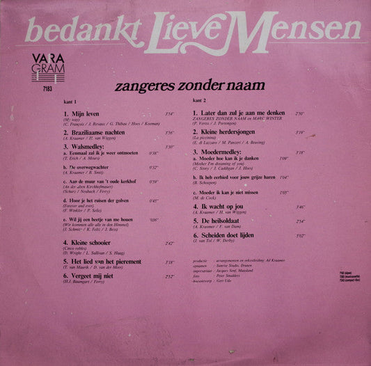 Zangeres Zonder Naam - Bedankt Lieve Mensen (LP) 52405 Vinyl LP Vinyl Zeer Goed / Hoesje Goed "VINYLSINGLES.NL"