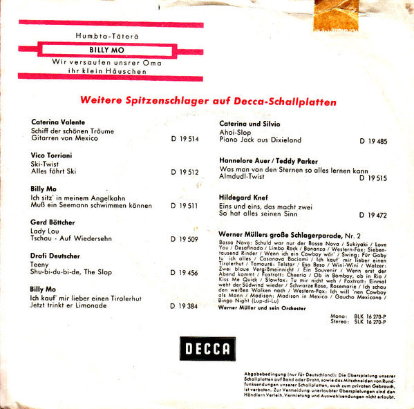 Billy Mo - Das Humbta-Täterä Vinyl Singles Vinyl Very Good (VG) <br> Hoes Good Plus (G+)