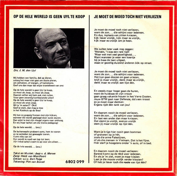 Henk Van Montfoort - Op De Hele Wereld Is Geen Uyl Te Koop Vinyl Singles Vinyl Very Good (VG) <br> Hoes Good Plus (G+)