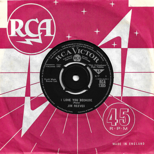Jim Reeves - I Love You Because Vinyl Singles Vinyl Very Good (VG) <br> Hoes Good Plus (G+)