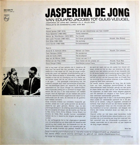 Jasperina Jong - Van Eduard Jacobs Tot Guus Vleugel (LP) Vinyl LP Vinyl Very Good (VG) <br> Hoes Good Plus (G+)