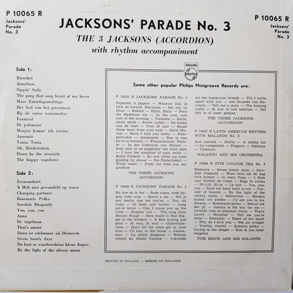 3 Jacksons - Jacksons' Parade No. 3 (10") Vinyl LP 10" Vinyl Very Good (VG) <br> Hoes Good Plus (G+)