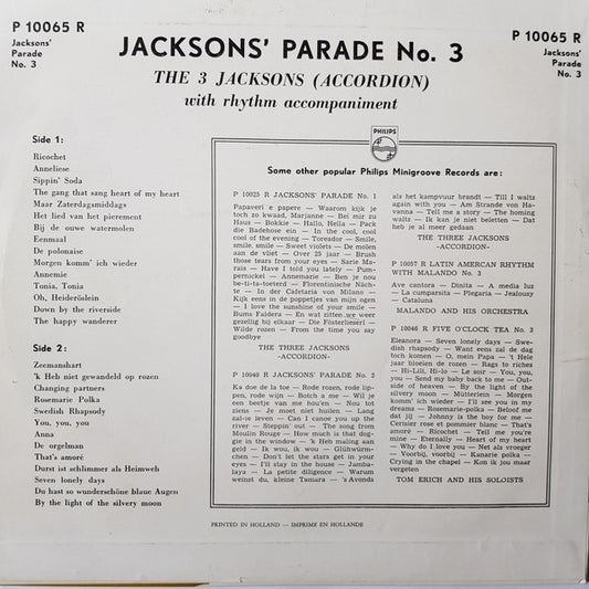 3 Jacksons - Jacksons' Parade No. 3 (10") Vinyl LP 10" Vinyl Zeer Goed / Hoesje Goed "VINYLSINGLES.NL"