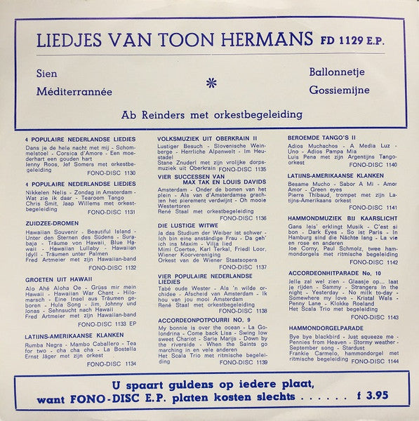 Ab Reinders - Liedjes Van Toon Hermans Vinyl Singles Vinyl Very Good (VG) <br> Hoes Good Plus (G+)