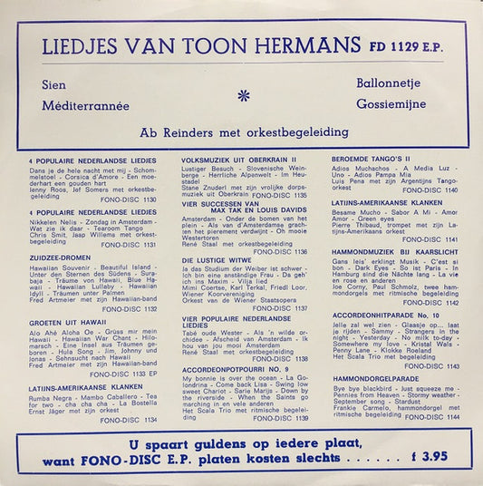 Ab Reinders - Liedjes Van Toon Hermans Vinyl Singles Vinyl Zeer Goed / Hoesje Goed "VINYLSINGLES.NL"