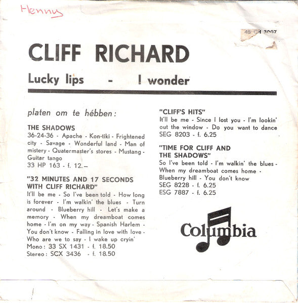 Cliff Richard - Lucky Lips (B-Keus) Vinyl Singles Vinyl Goed / Hoes Redelijk
