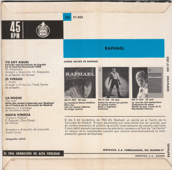 Raphael - Yo Soy Aquel Vinyl Singles EP Vinyl Very Good (VG) <br> Hoes Good Plus (G+)