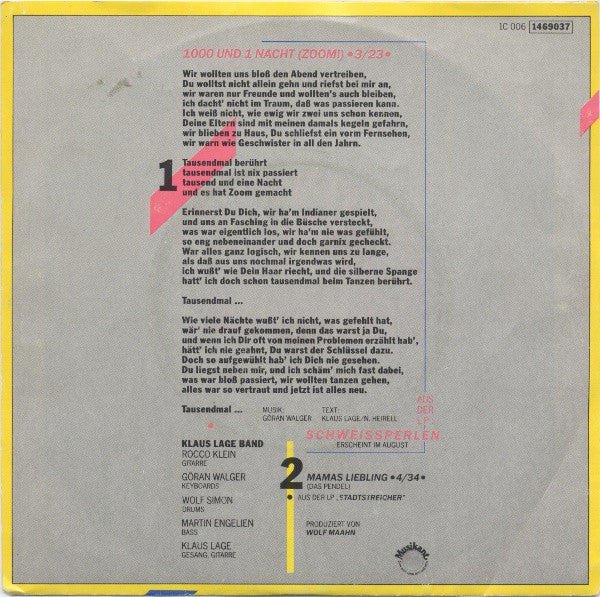 Klaus Lage Band - Und * Nacht (Zoom!) Vinyl Singles Vinyl Very Good (VG) <br> Hoes Good Plus (G+)