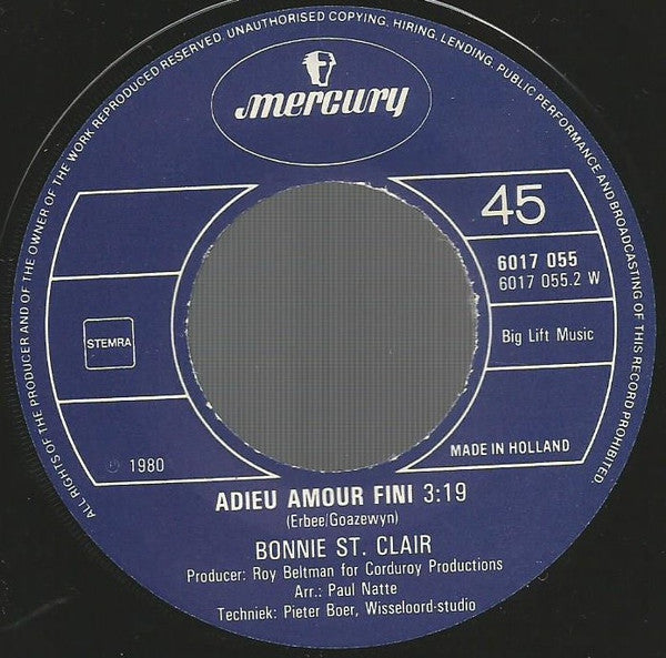 Bonnie St. Claire - Pierrot Vinyl Singles Vinyl Very Good (VG) <br> Hoes Good Plus (G+)