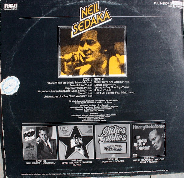 Neil Sedaka - Neil Sedaka (LP) Vinyl LP Vinyl Very Good (VG) <br> Hoes Good Plus (G+)