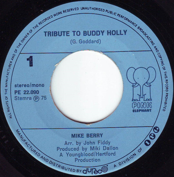 Mike Berry - Tribute to Buddy Holly Vinyl Singles Vinyl Very Good (VG) <br> Hoes Good Plus (G+)