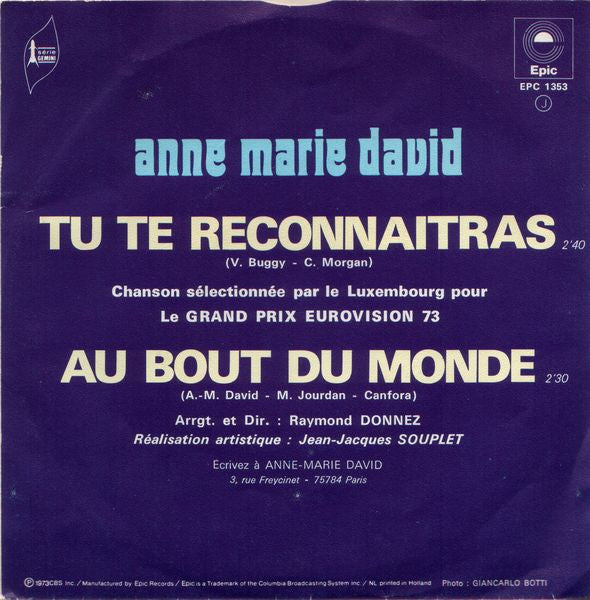 Anne-Marie David - Tu Te Reconnaitras Vinyl Singles Vinyl Very Good (VG) <br> Hoes Good Plus (G+)