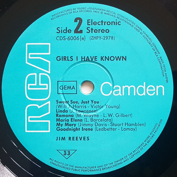 Jim Reeves - Girls I Have Known (LP) Vinyl LP Vinyl Very Good (VG) <br> Hoes Good Plus (G+)