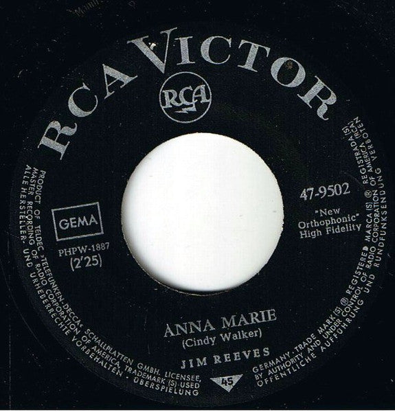 Jim Reeves - Maria Elena Vinyl Singles Vinyl Very Good (VG) <br> Hoes Good Plus (G+)
