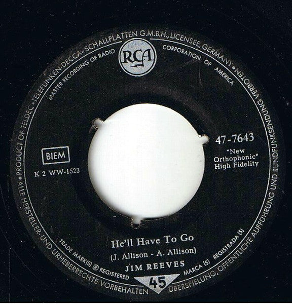 Jim Reeves - He'll Have To Go Vinyl Singles Vinyl Goed / Hoes Generic