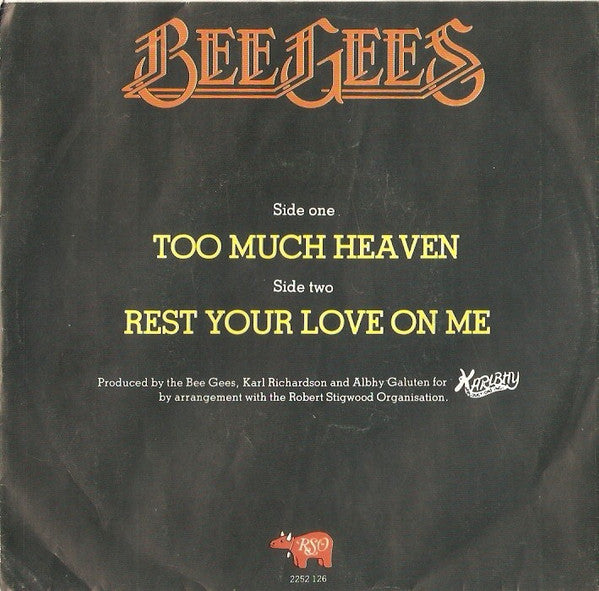 Bee Gees - Too Much Heaven Vinyl Singles Vinyl Very Good (VG) <br> Hoes Good Plus (G+)