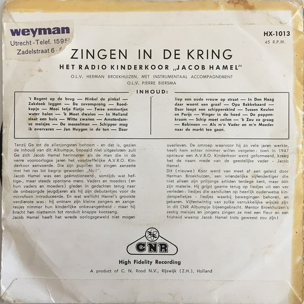 Kinderkoor Jacob Hamel - Zingen In De Kring - Deel I Vinyl Singles Vinyl Very Good (VG) <br> Hoes Good Plus (G+)