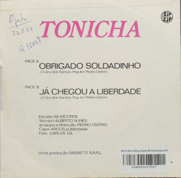 Tonicha - Obrigado Soldadinho Vinyl Singles Vinyl Very Good (VG) <br> Hoes Good Plus (G+)