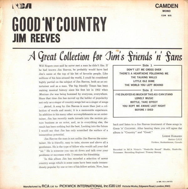 Jim Reeves - Good 'N' Country (LP) Vinyl LP Vinyl Very Good (VG) <br> Hoes Good Plus (G+)