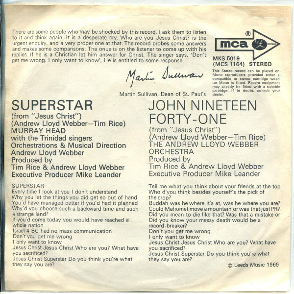 Murray Head With The Trinidad Singers - Superstar Vinyl Singles Vinyl Very Good (VG) <br> Hoes Good Plus (G+)