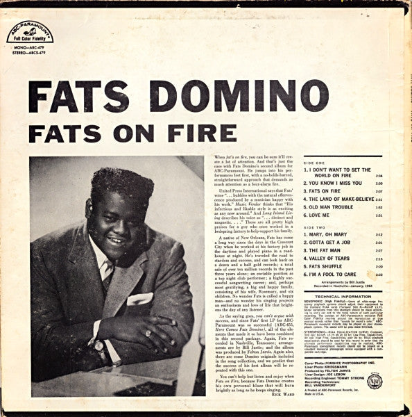 Fats Domino - Fats On Fire (LP) Vinyl LP Vinyl Very Good (VG) <br> Hoes Good Plus (G+)