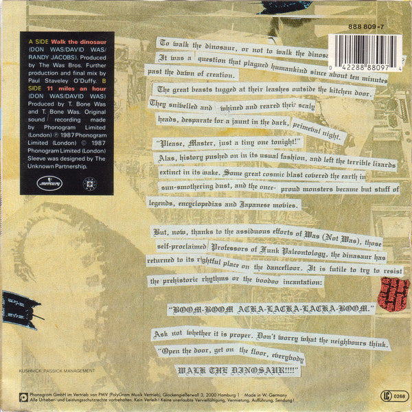 Was (Not Was) - Walk The Dinosaur Vinyl Singles Vinyl Very Good (VG) <br> Hoes Good Plus (G+)