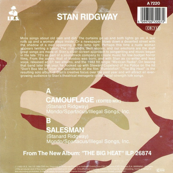 Stan Ridgway - Camouflage Vinyl Singles Vinyl Very Good (VG) <br> Hoes Good Plus (G+)