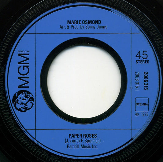 Marie Osmond - Paper Roses Vinyl Singles Vinyl Zeer Goed / Hoesje Generic "VINYLSINGLES.NL"
