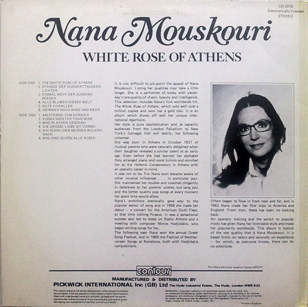 Nana Mouskouri - White Rose Of Athens (LP) Vinyl LP Vinyl Very Good (VG) <br> Hoes Good Plus (G+)