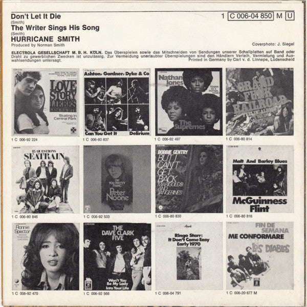 Hurricane Smith - Don't Let It Die Vinyl Singles Vinyl Very Good (VG) <br> Hoes Good Plus (G+)