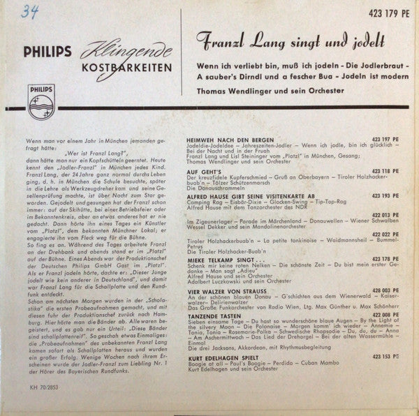Franzl Lang - Franzl Lang Singt Und Jodelt Vinyl Singles Vinyl Very Good (VG) <br> Hoes Good Plus (G+)