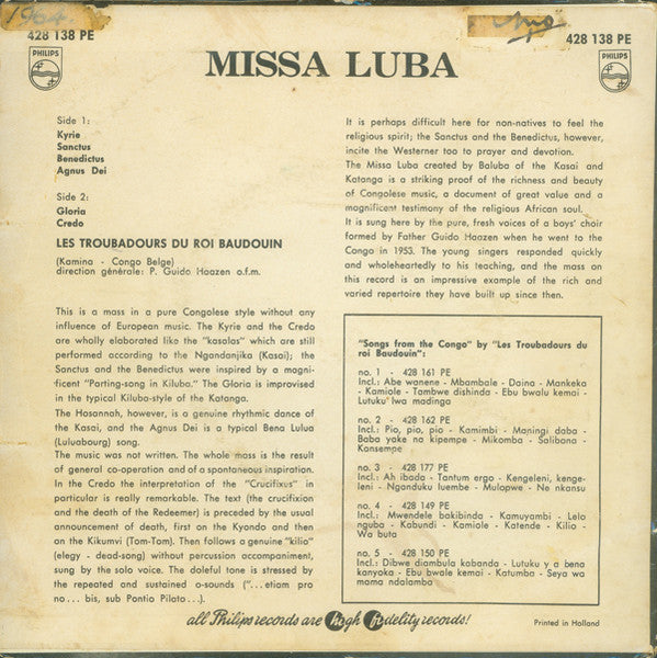 Joachim Ngoi And Les Troubadours Du Roi Baudouin - Missa Luba Vinyl Singles Vinyl Very Good (VG) <br> Hoes Good Plus (G+)