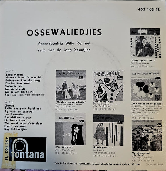 Accordeontrio Willy Ré - Ossewaliedjies - No. 3 Vinyl Singles Vinyl Very Good (VG) <br> Hoes Good Plus (G+)