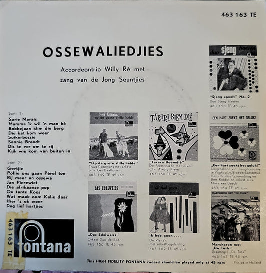 Accordeontrio Willy Ré - Ossewaliedjies - No. 3 Vinyl Singles Vinyl Zeer Goed / Hoesje Goed "VINYLSINGLES.NL"