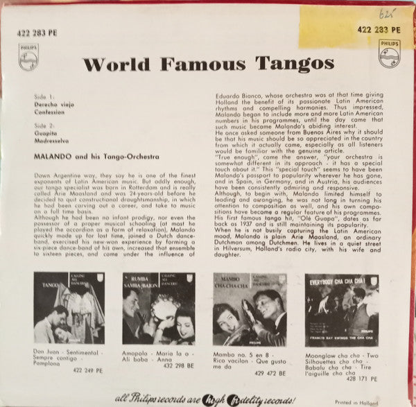 Malando And His Tango Orchestra - World Famous Tangos Vinyl Singles Vinyl Very Good (VG) <br> Hoes Good Plus (G+)