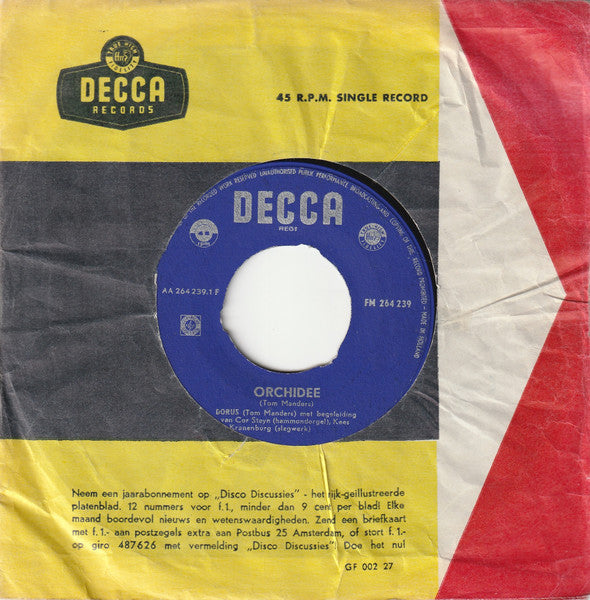 Dorus - Orchidee Vinyl Singles Vinyl Very Good (VG) <br> Hoes Good Plus (G+)
