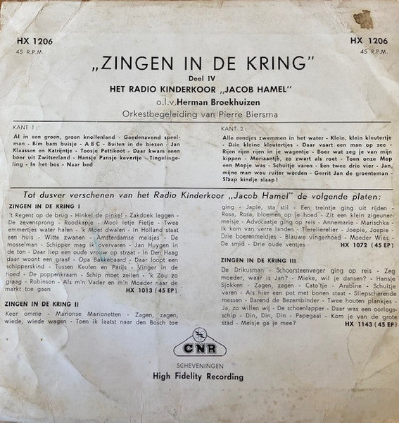 Kinderkoor Jacob Hamel - Zingen In De kring Deel 4 Vinyl Singles EP Vinyl Very Good (VG) <br> Hoes Good Plus (G+)