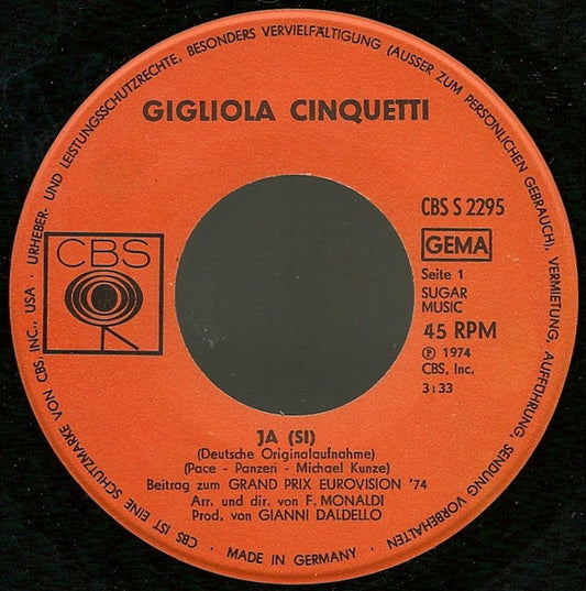 Gigliola Cinquetti - Ja Vinyl Singles Vinyl Zeer Goed / Hoesje Goed "VINYLSINGLES.NL"
