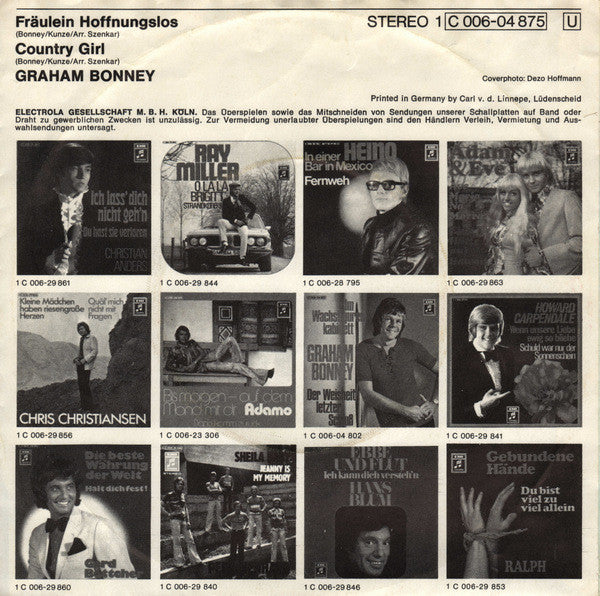 Graham Bonney - Fräulein Hoffnungslos Vinyl Singles Vinyl Very Good (VG) <br> Hoes Good Plus (G+)