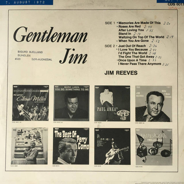 Jim Reeves - Gentleman Jim (LP) Vinyl LP Vinyl Very Good (VG) <br> Hoes Good Plus (G+)