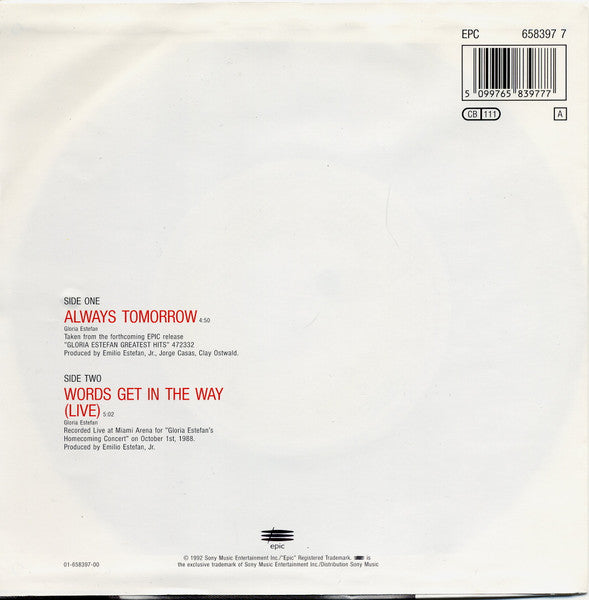 Gloria Estefan - Always Tomorrow Vinyl Singles Vinyl Goed / Hoes Sticker