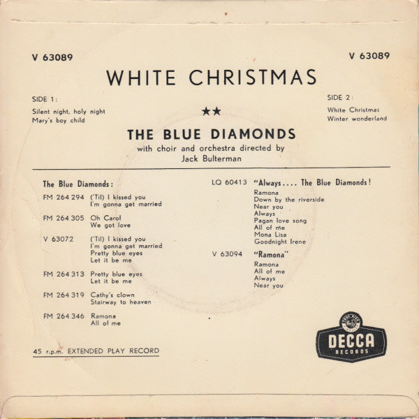 Blue Diamonds - White Christmas Vinyl Singles EP Vinyl Very Good (VG) <br> Hoes Good Plus (G+)