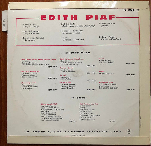 Edith Piaf - Edith Piaf (10") Vinyl LP 10" Vinyl Zeer Goed / Hoesje Goed "VINYLSINGLES.NL"