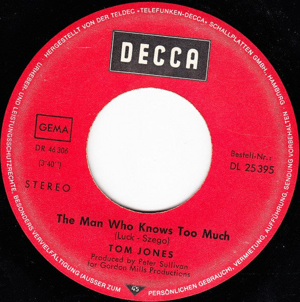 Tom Jones - Without Love Vinyl Singles Vinyl Very Good (VG) <br> Hoes Generic