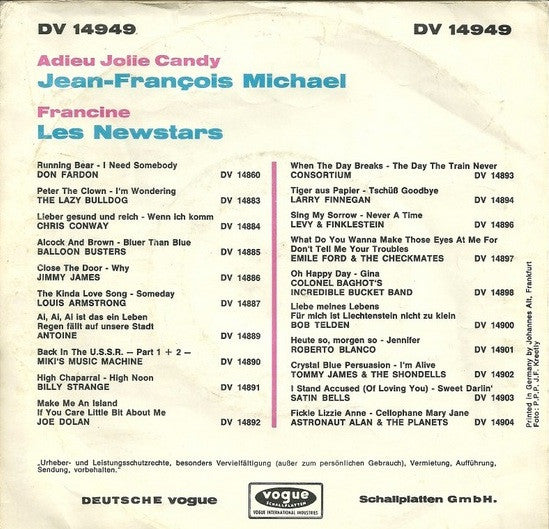 Jean-François Michael / Les Newstars - Adieu Jolie Candy Vinyl Singles Vinyl Very Good (VG) <br> Hoes Good Plus (G+)