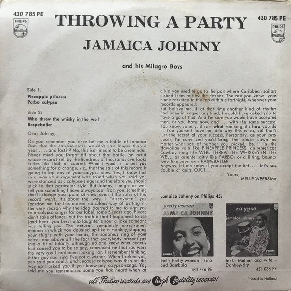 Jamaica Johnny And His Milagro Boys - Throwing A Party Vinyl Singles EP Vinyl Very Good (VG) <br> Hoes Good Plus (G+)