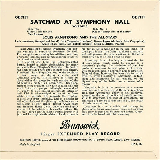 Louis Armstrong And His All-Stars - Satchmo At Symphony Hall Volume * Vinyl Singles EP Vinyl Zeer Goed / Hoesje Goed "VINYLSINGLES.NL"