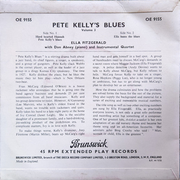 Ella Fitzgerald - Songs From The Warner Bros. Film Pete Kelly's Blues (Volume *) Vinyl Singles EP Vinyl Very Good (VG) <br> Hoes Good Plus (G+)