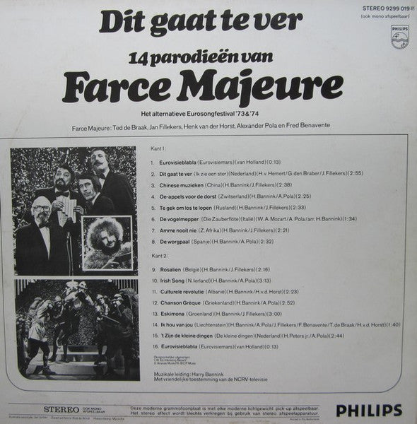 Farce Majeure - Dit Gaat Te Ver - ** Parodieën Van Farce Majeure (LP) Vinyl LP Vinyl Very Good (VG) <br> Hoes Good Plus (G+)